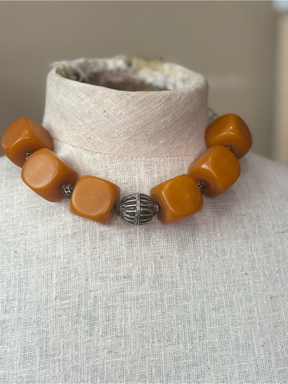 Vintage Yemen Silver Butterscotch Baltic Amber Cube Choker Statement Necklace